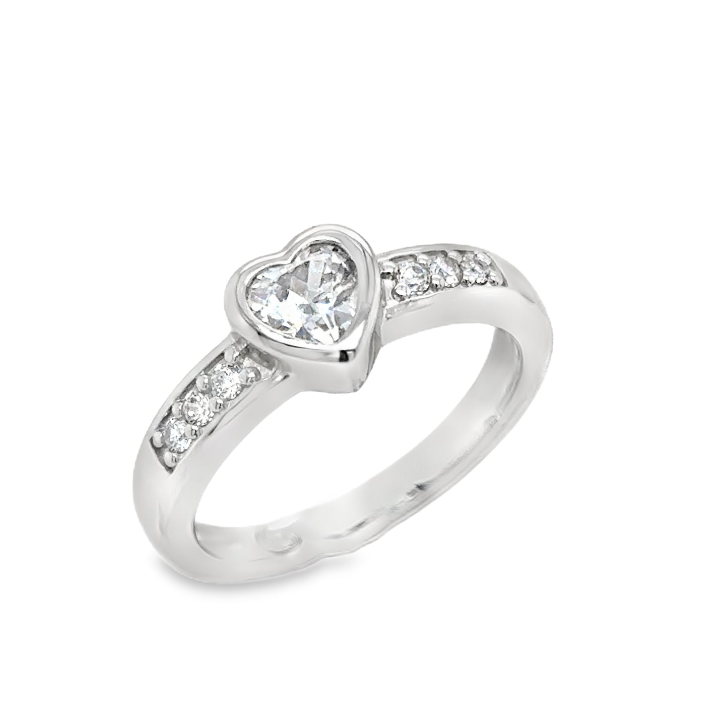 Sterling Silver Rubover Heart CZ Ring with Channel Set CZ Shoulders