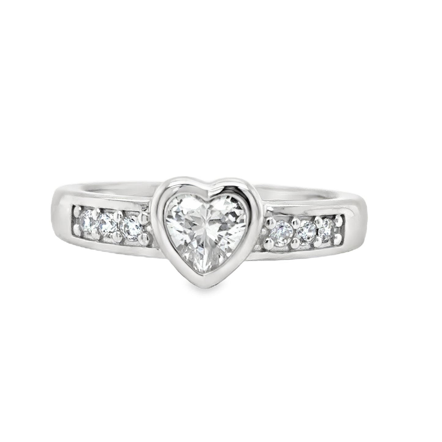 Sterling Silver Rubover Heart CZ Ring with Channel Set CZ Shoulders