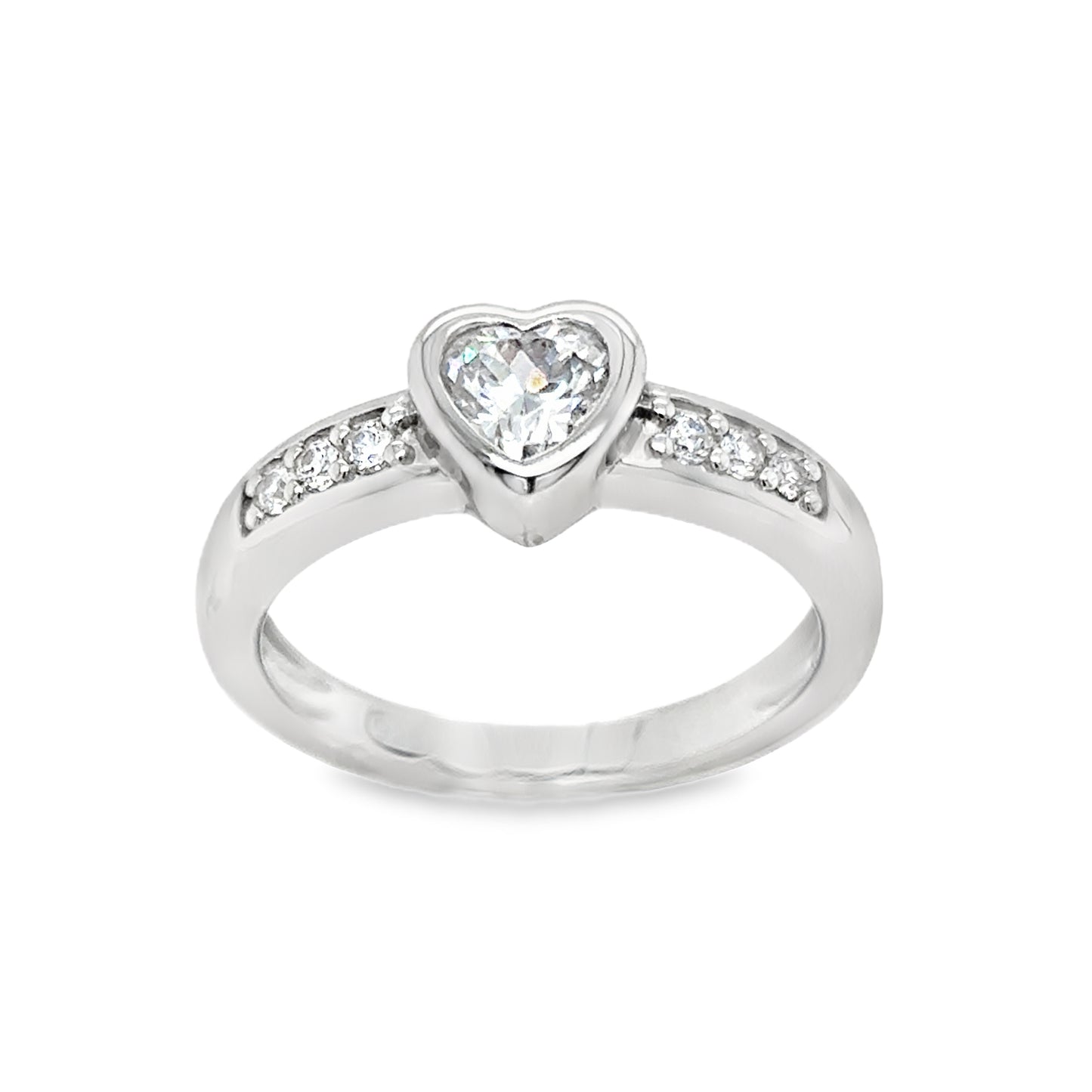 Sterling Silver Rubover Heart CZ Ring with Channel Set CZ Shoulders