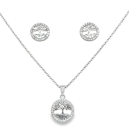Sterling Silver CZ and Polished Tree of Life Pendant and Earrings Set