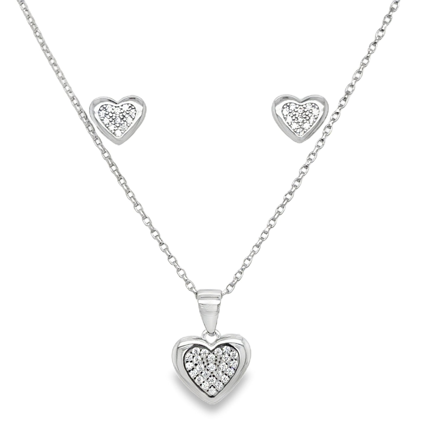 Sterling Silver Pave CZ Heart Pendant and Earring Set