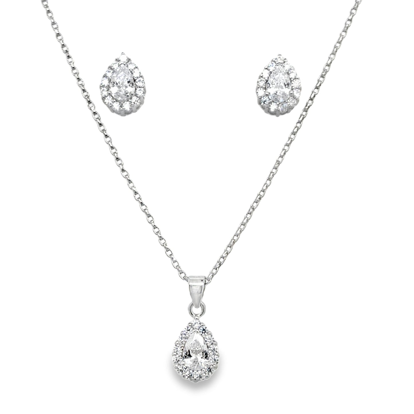 Sterling Silver Pear Cluster CZ Pendant and Earring Set