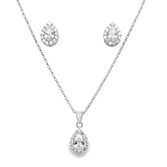 Sterling Silver Pear Cluster CZ Pendant and Earring Set