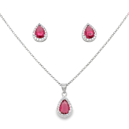 Sterling Silver Red Pear CZ CLuster Pendant and Earring Set