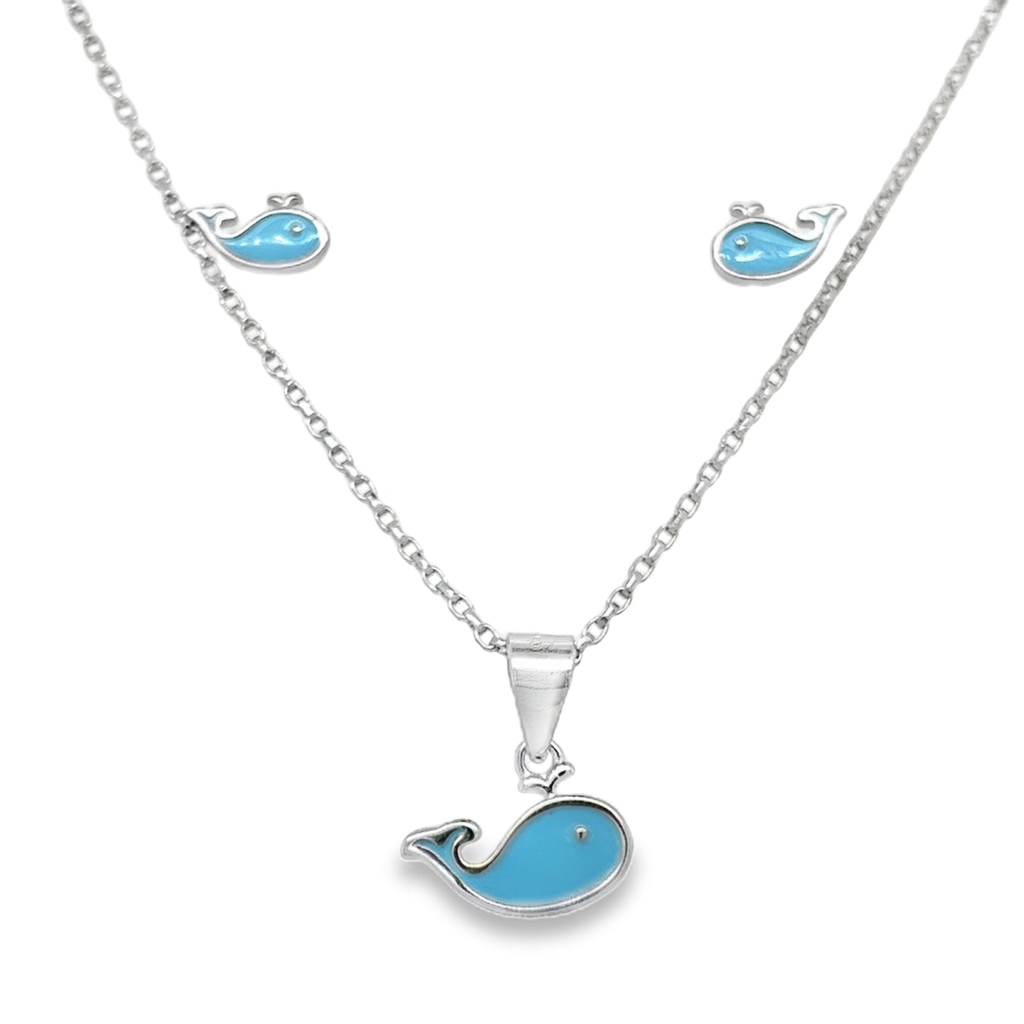 Sterling Silver Blue Enamel Whale Kids Pendant and Earring Set