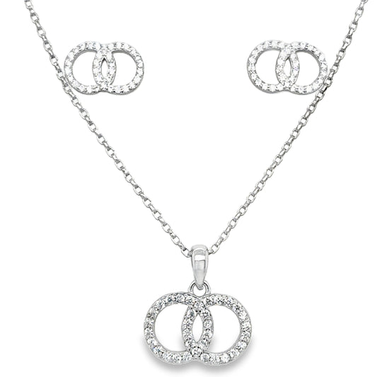 Sterling Silver Open CZ Double Circle Pendant and Earring Set