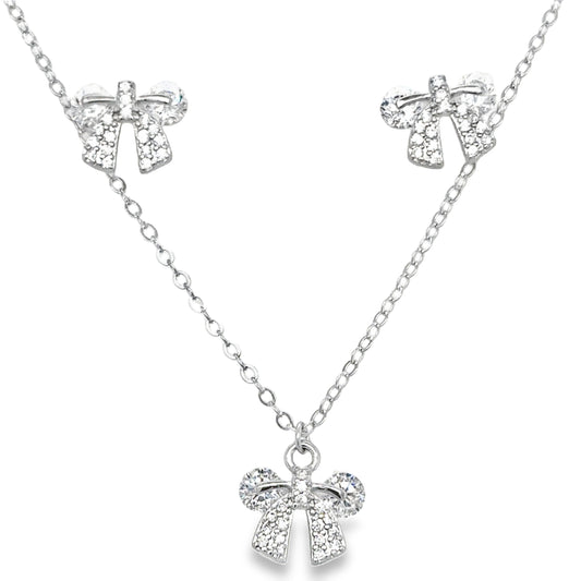 Sterling Silver Pave CZ Bow Necklet and Earring Set