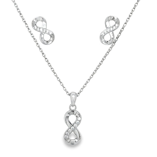 Sterling Silver CZ and Polished Infinity Pendant and Earring Set