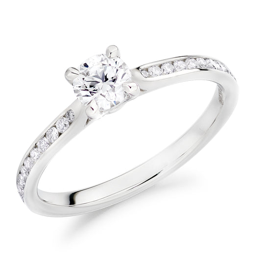 9ct White Gold 4 Claw Diamond Shoulders Solitaire .58ct Ring
