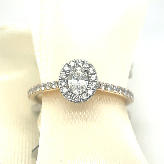 14ct Oval Solitaire Halo Diamond Ring With Diamond Shoulders .35