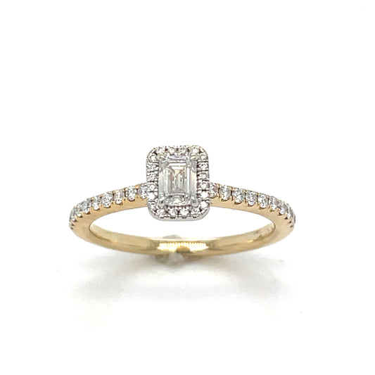 14ct Emerald Cut Halo Ring With Diamond Set Shoulders .30ct