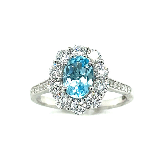 9ct White Gold Oval Halo Scalloped Blue Topaz And Diamond Ring