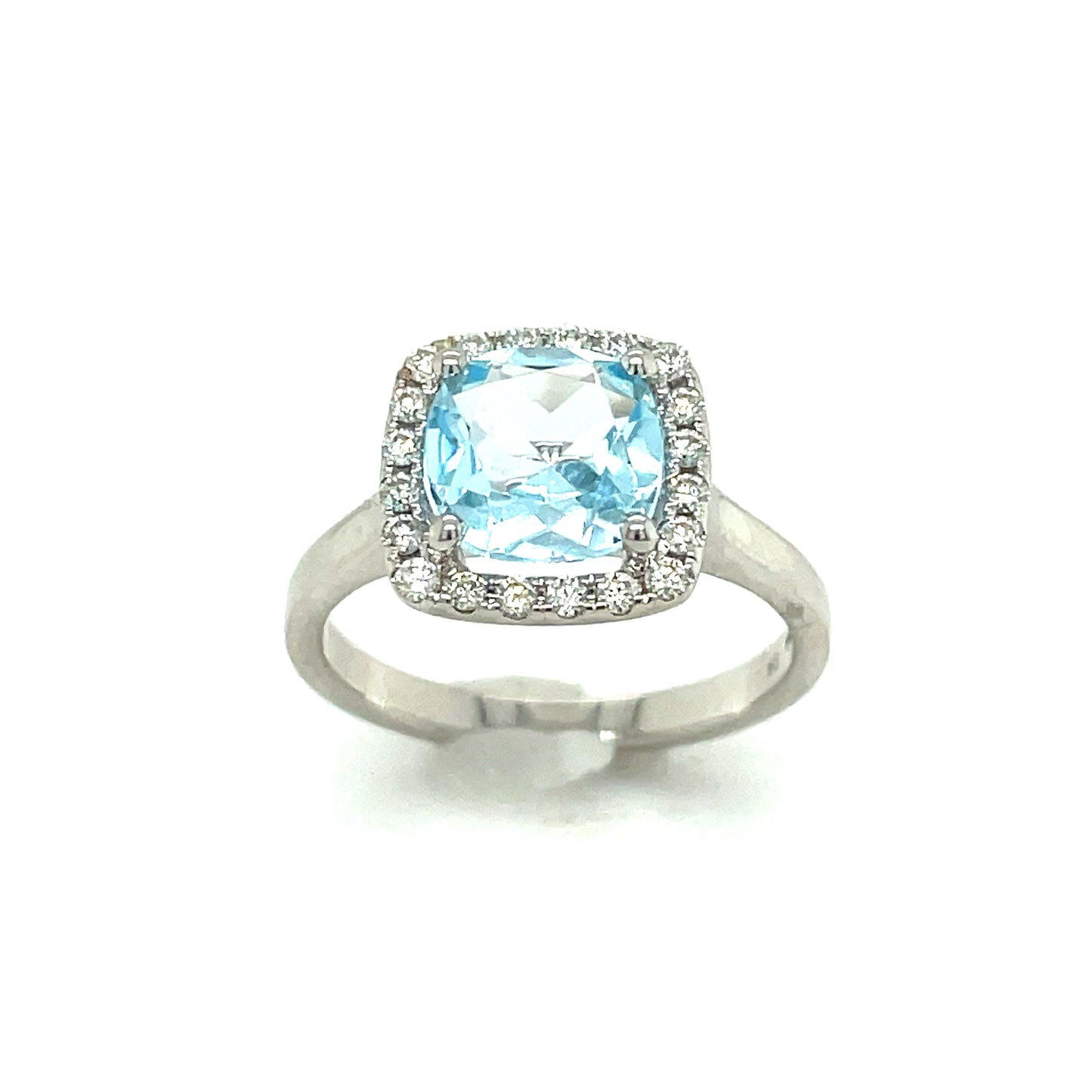 9ct White Gold Cushion Cut Blue Topaz And Diamond Ring .25ct