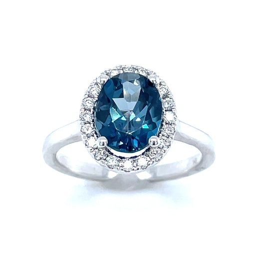 9ct White Gold Oval Halo London Blue Topaz And Diamond Ring .25