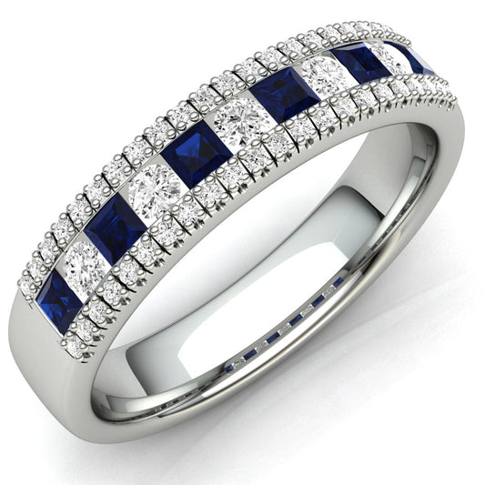 9ct White Gold 3row Sapphire And Diamond Ring