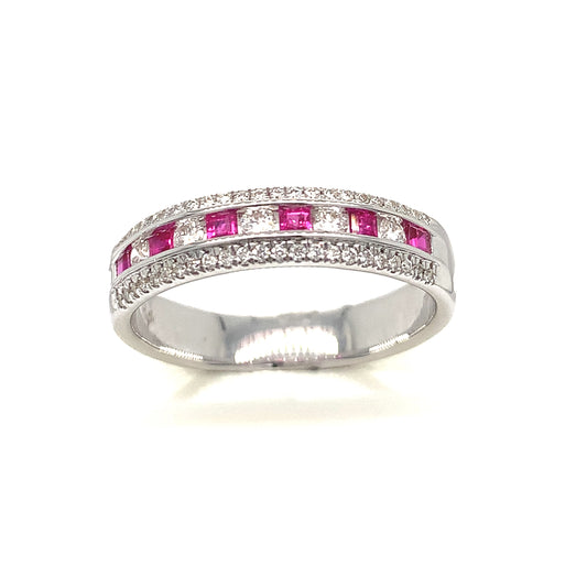 9ct White Gold 3 Row Ruby And Diamond Ring
