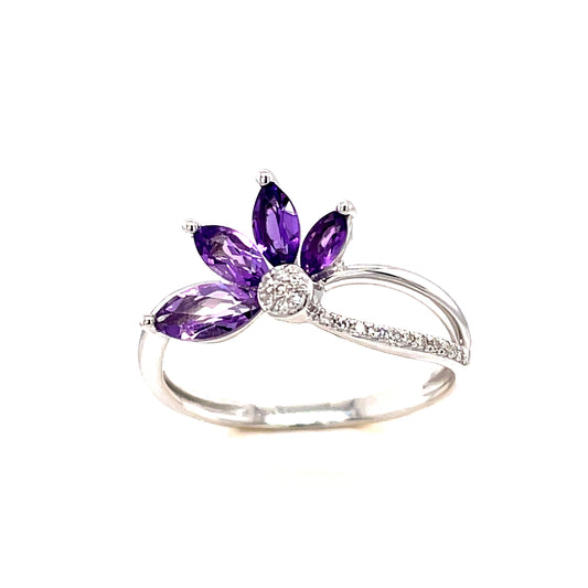 9ct White Gold Half Flower Diamond And Amethyst Ring .05 Ct