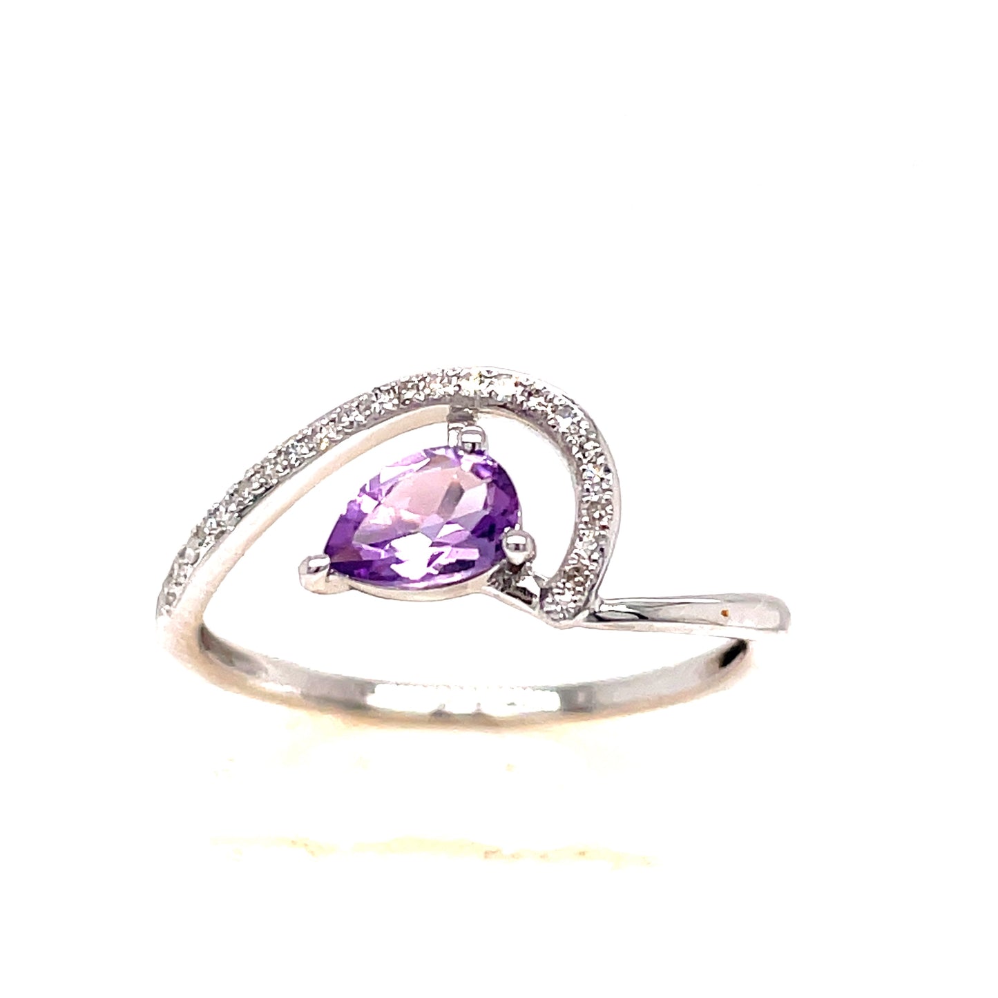 9ct White Gold Open Wave And Pear Amethyst/ Diamond Ring .07 Ct