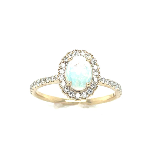 9ct Yellow Gold Oval Opal In A Diamond Halo & Shoulder Set Ring