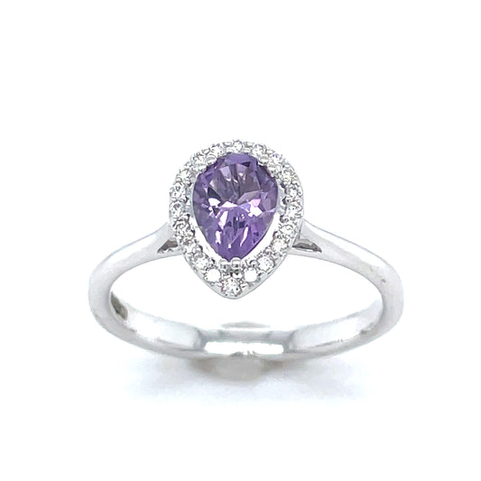 9ct White Gold Pear Cut Amethyst With Halo Diamond Ring