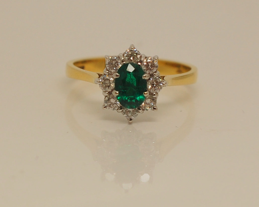 18ct Emerald .63ct & Diamond .48ct Cluster Diamond Ring