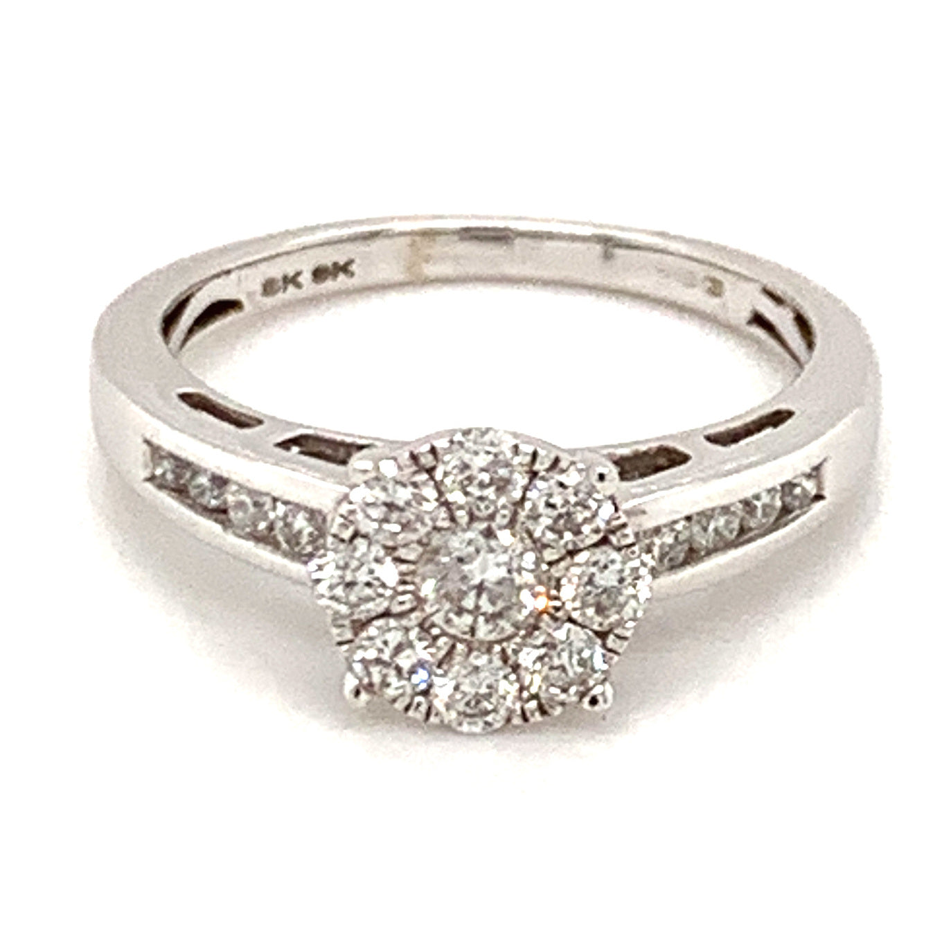 9ct Round Cluster With Diamond Shoulders .60ct Diamond Ring