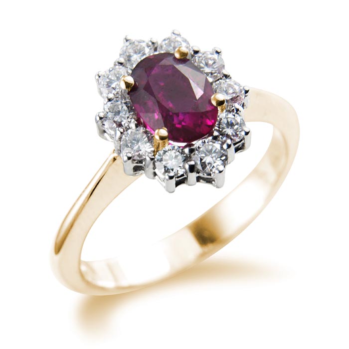 9ct Ruby And Diamond Oval Cluster .30ct Diamond Ring