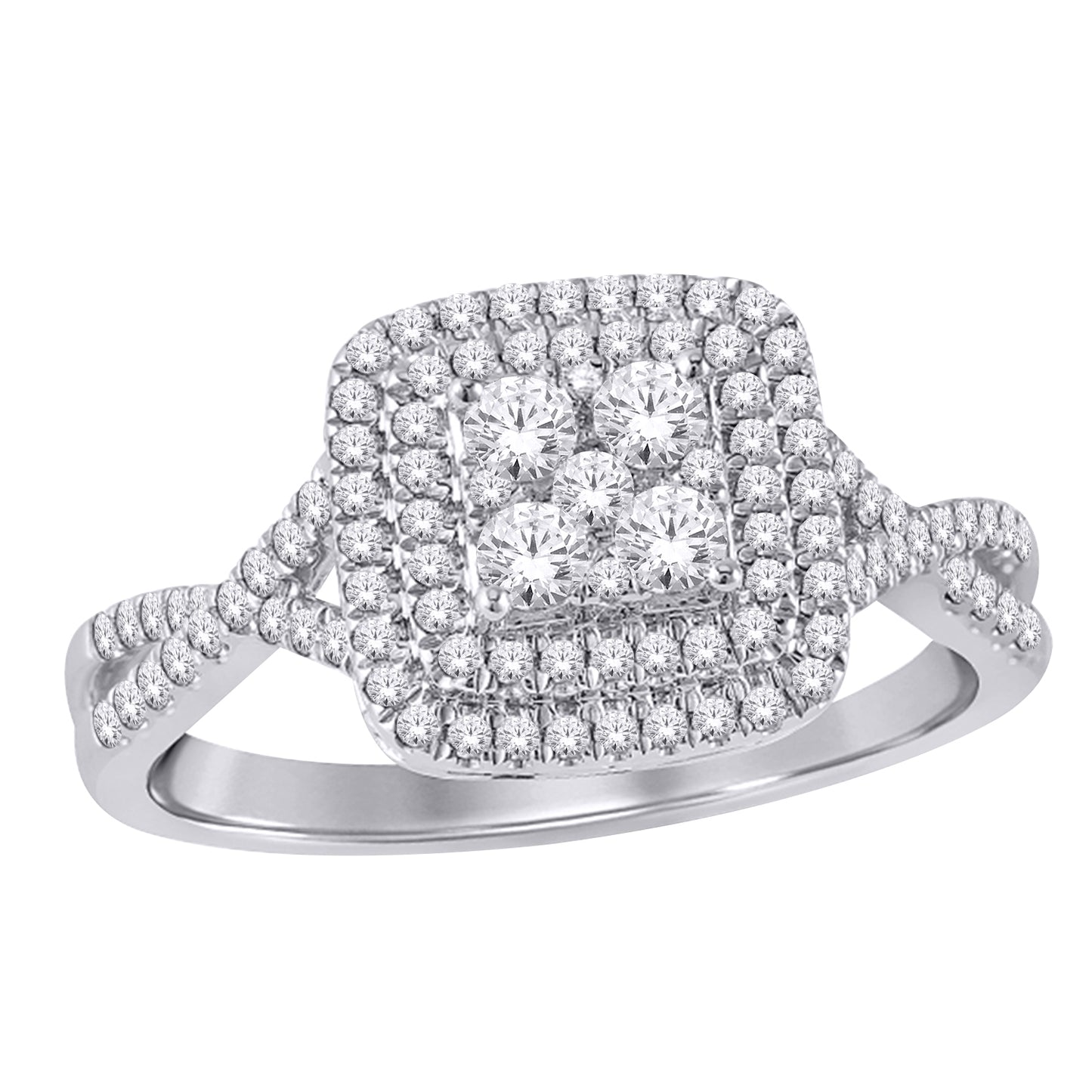 9ct White Gold Square Cluster Ring With Diamond Shoulders .50ct