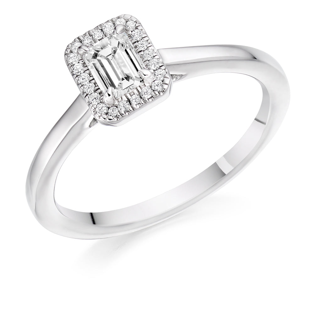 9ct White Gold Emerald Cut Cluster Halo .28ct Diamond Ring