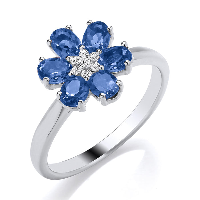 9ct White Gold Sapphire And Diamond Flower Cluster Ring .05ct