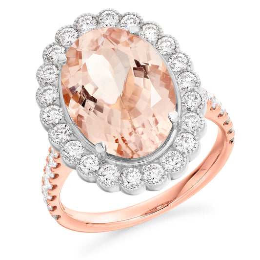18ct Rose Gold Morganite And Diamond Oval Cluster Diamond Ring