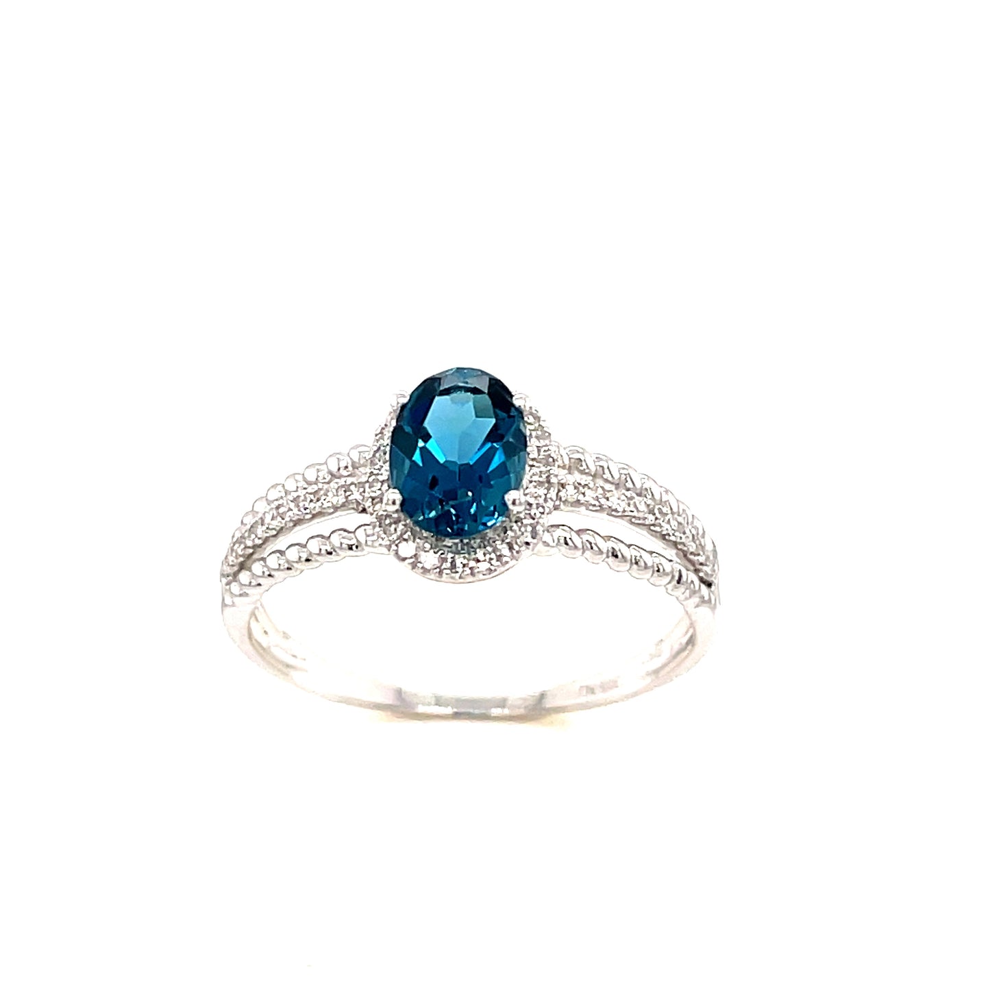 9ct White Gold Open Oval London Blue Topaz/Diamond Ring .12 Ct