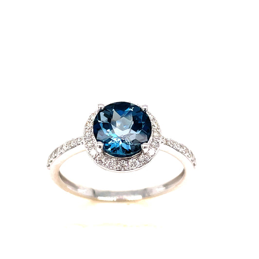 9ct White Gold Round Halo London Blue Topaz/Diamond Ring.22ct