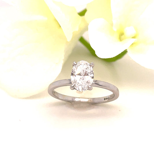 Platinum Oval Solitaire Hidden Halo Cultured Diamond Ring 1.05