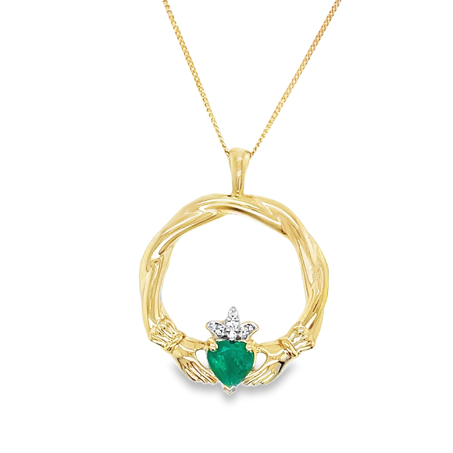 9ct Emerald & Diamond Open Claddagh Pendant .02ct