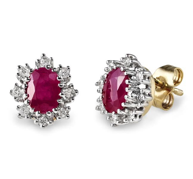 9ct Ruby And Diamond Oval Cluster .15ct Diamond Earrings