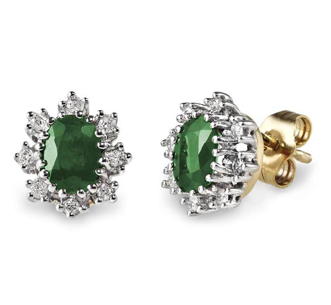 9ct Emerald And Diamond Oval Cluster .15ct Diamond Earrings