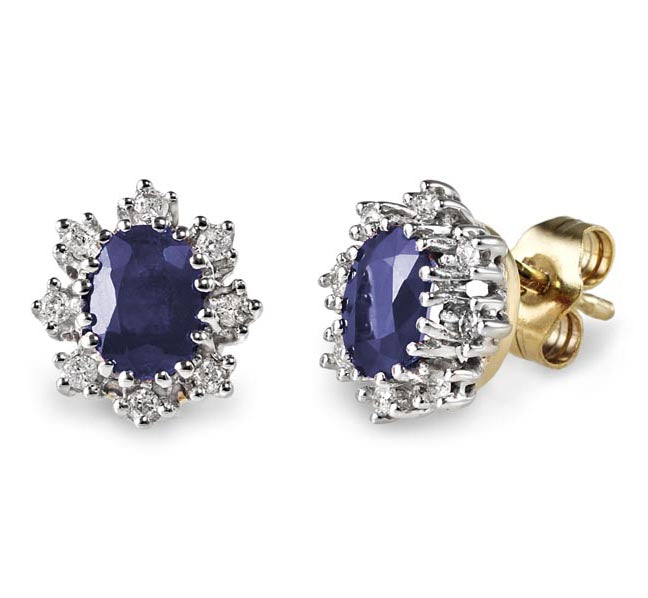 9ct Sapphire And Diamond Oval Cluster .15ct Diamond Earrings