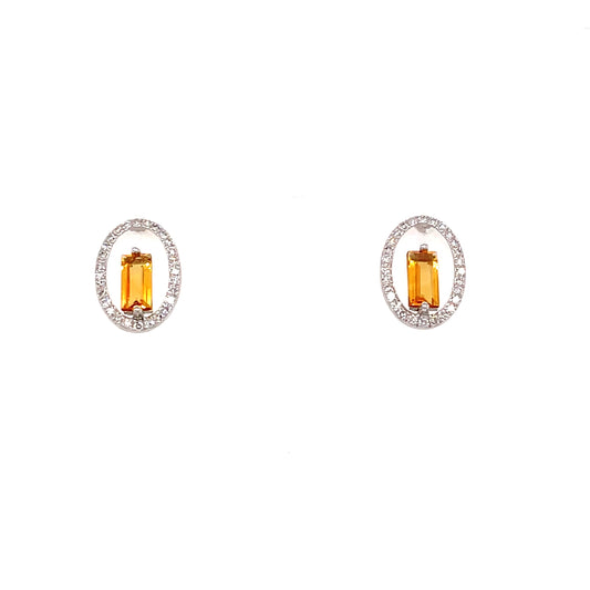 9 Ct White Gold Open Oval Citrine/ Diamond Earring .14 Ct