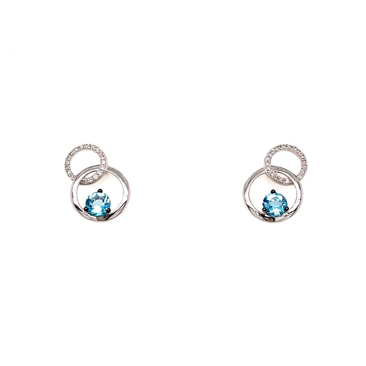 9ct White Gold Open Circle Blue Topaz/ Diamond Earring . 08 Ct