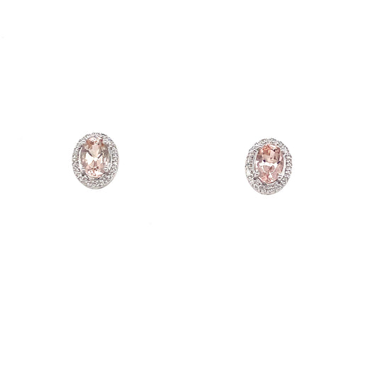 9ct White Gold Oval Cluster Morganite / Diamond Earring .07 Ct