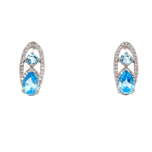 9ct White Gold Oval Blue Topaz And Diamond Earring 0.17ct