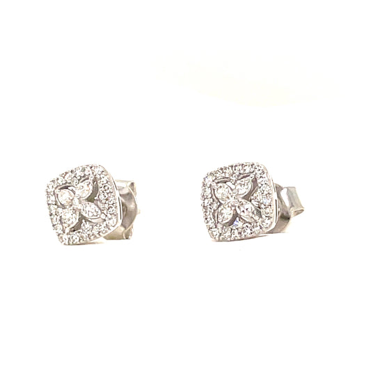 9ct White Gold Square Fancy Cluster Diamond Stud Earring .25ct