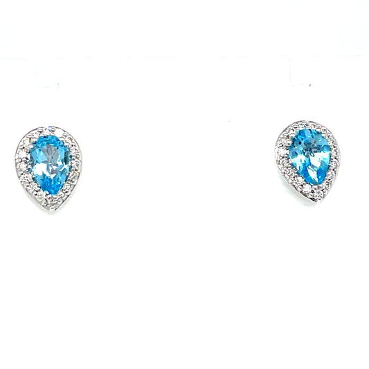 9ct White Gold Pear Halo Blue Topaz And Diamond Stud Earring .15