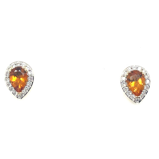 9ct Gold Pear Halo Citrine And Diamond Stud Earring .15ct
