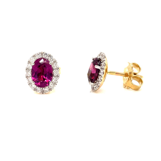 9ct Gold Oval Purple Garnet Diamond Claw Set Earrings