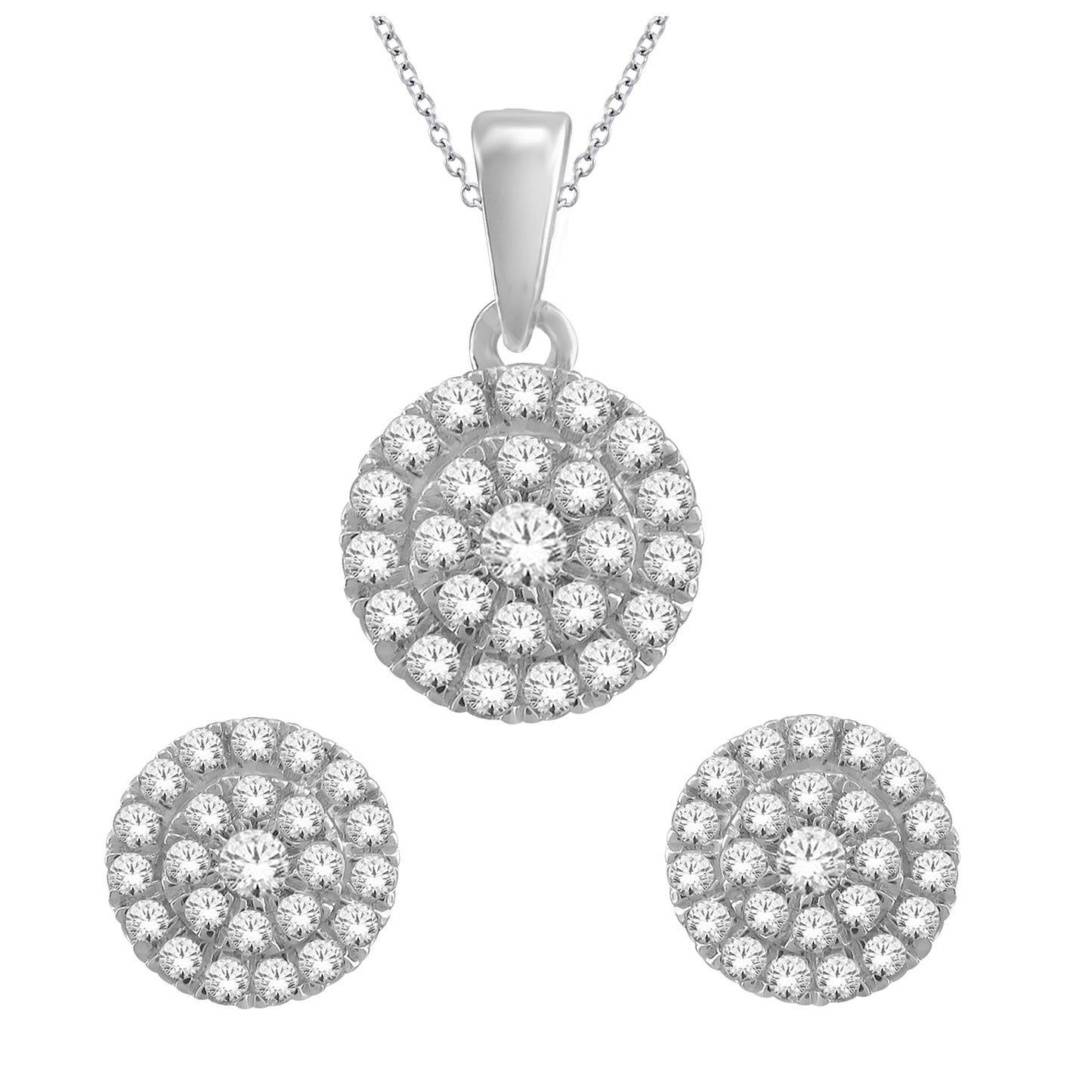9ct White Gold Pendant And Earring Round Cluster Diamond Set