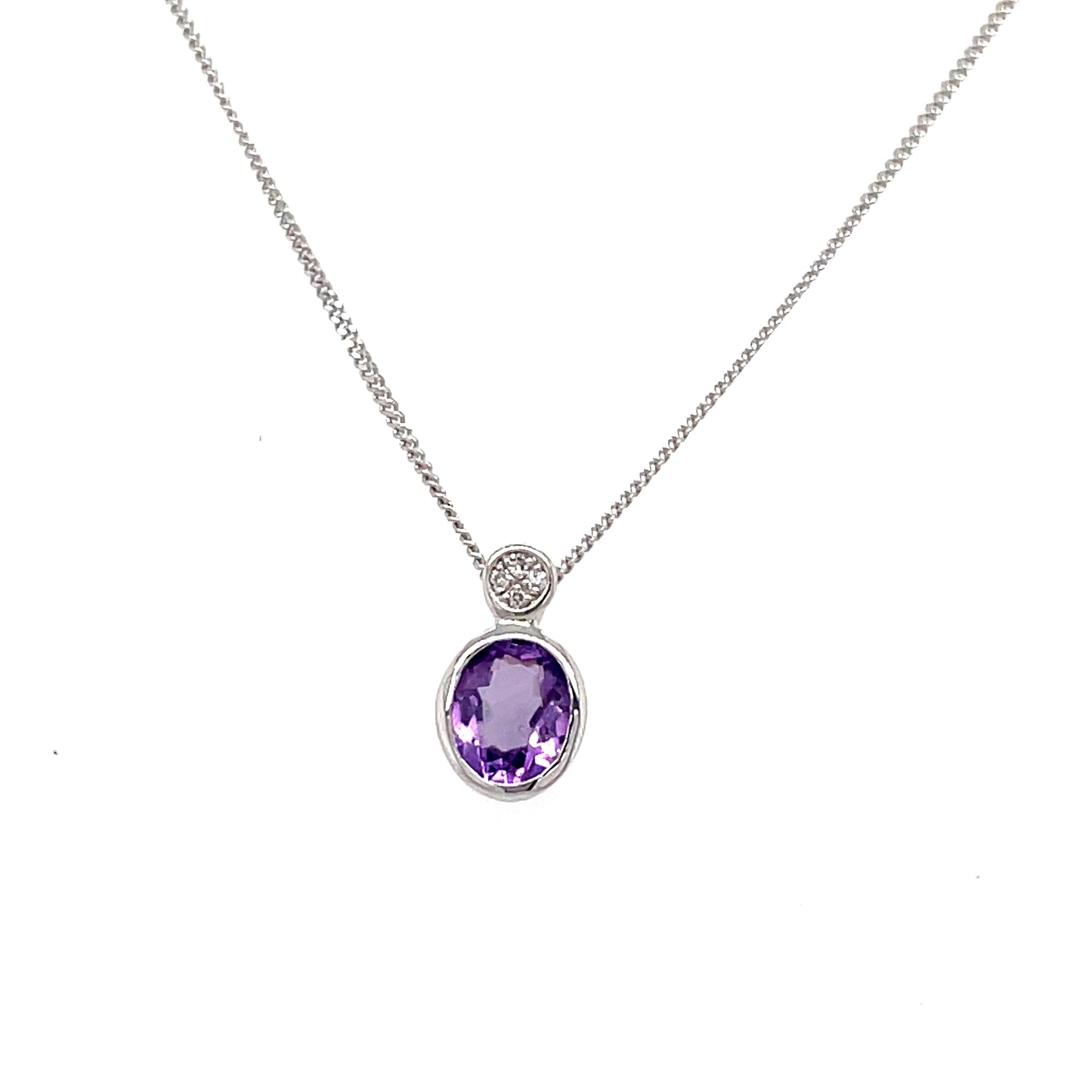 9ct White Gold Oval Amethyst And Diamond Pend't Rubover Setting