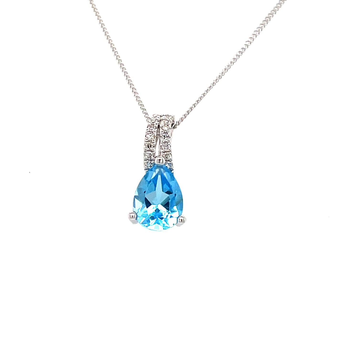 9ct White Gold Pear Blue Topaz/Diamond Pendant .04ct