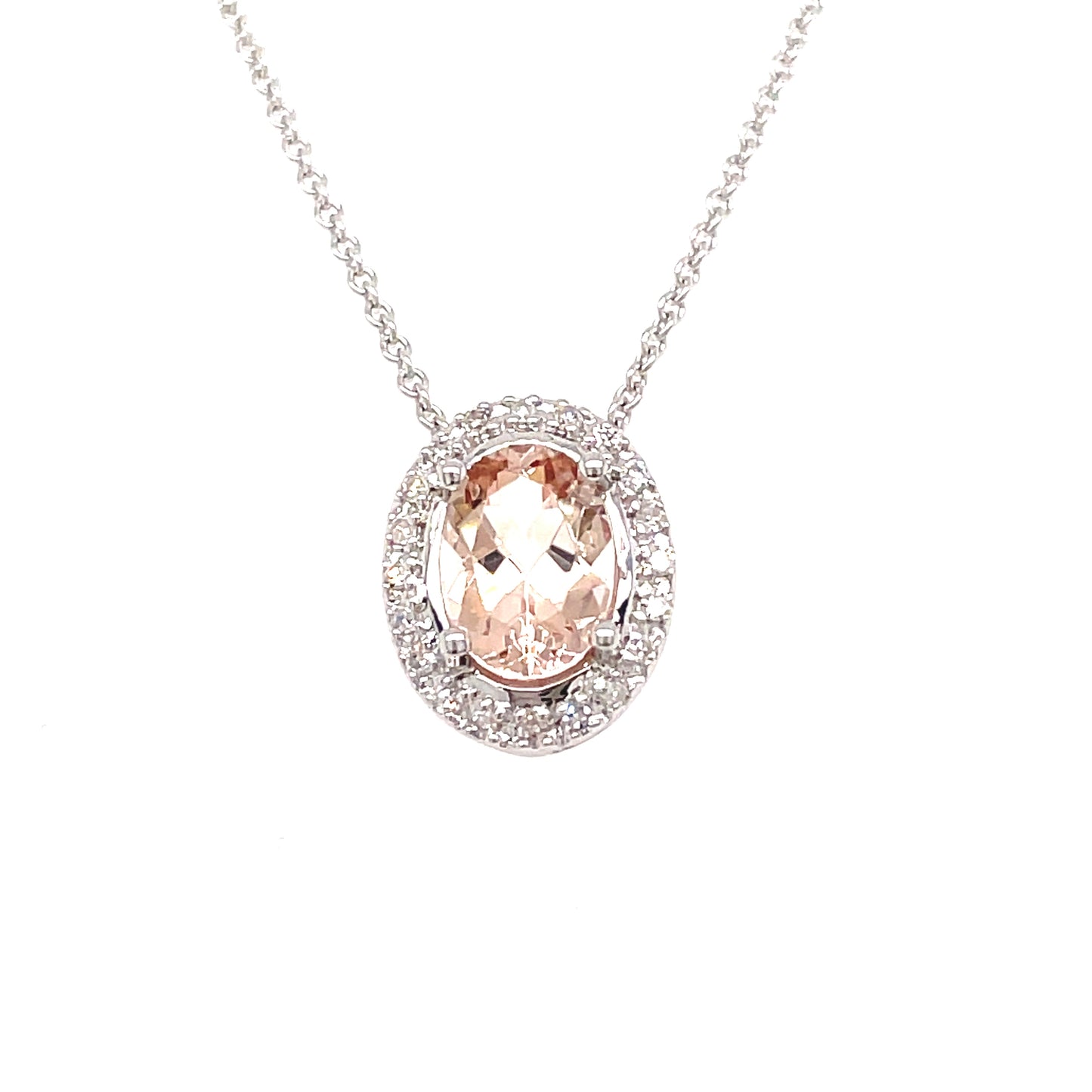 9ct White Gold Oval Cluster Morganite/Diamond Pendnant .06 Ct